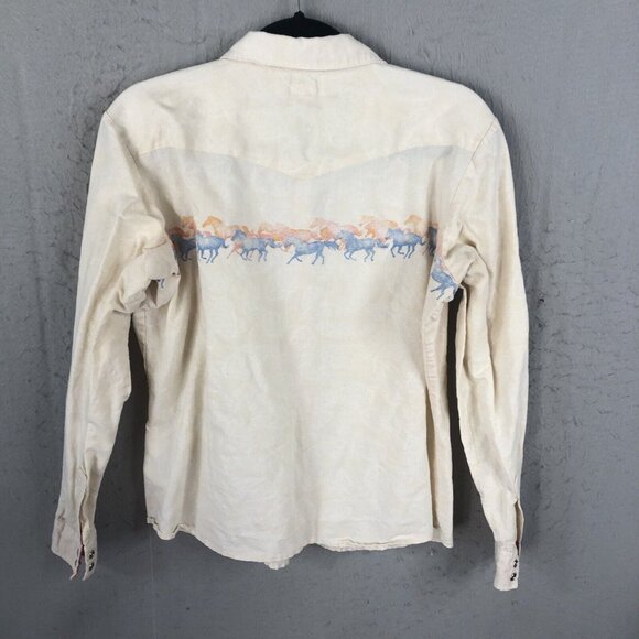 Wrangler Blues Top Womens Large Yellow Running Horses Pearl Snaps Cowboy Core - Picture 5 of 16